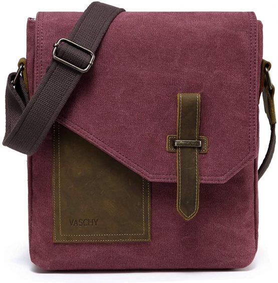 Man Bag, VASCHY Water Resistant Small Messenger Bag Shoulder Bag Vintage Canvas Leather Cross Body Bag with Multi-Pockets（Black）