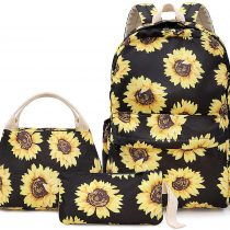 Sunflower Backpack Set 3-in-1 Kids School Bag, Junlion Laptop Backpack Lunch Bag Pencil Case Gift for Teen Girls Womens Black