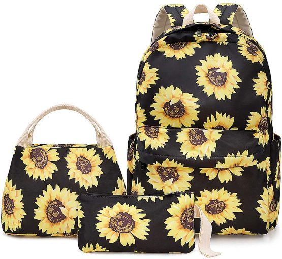 Sunflower Backpack Set 3-in-1 Kids School Bag, Junlion Laptop Backpack Lunch Bag Pencil Case Gift for Teen Girls Womens Black