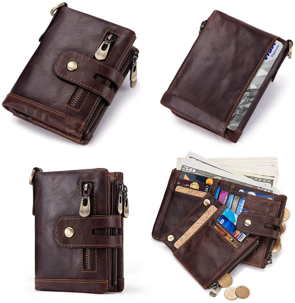 REETEE Mens Wallet RFID Blocking Men's Genuine Leather Wallet and Zipper Coin Pocket Bifold Purse with Chain 16 Credit Card Holder Genuine Leather Gents Wallets Slim Purse (Coffee) - Image 2