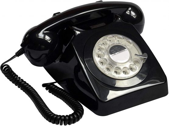 GPO 746 Rotary 1970s-Style Retro Landline Telephone, Classic Telephone with Ringer On/Off Switch, Curly Cord, Authentic Bell Ring for Home, Hotels- Black