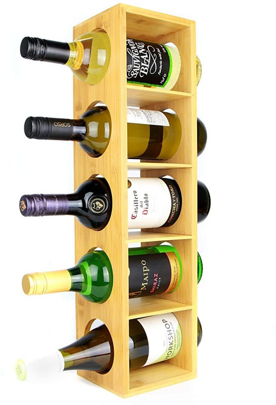 Bamboo Wine Rack | Wall Mounted 5 Bottle Holder Stand | Wooden Pre-Assembled Wine Shelf Cabinet | Stackable Modular Design | M&W