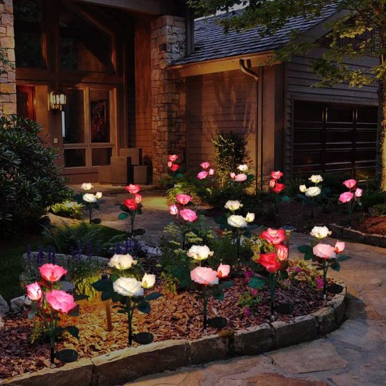 2 X Solar Garden Lights Outdoor Colour Changing Solar Flower Rose Lights Waterproof Solar Stake Lights for Garden Patio Backyard Pathway Driveway Decoration (White) - Image 3