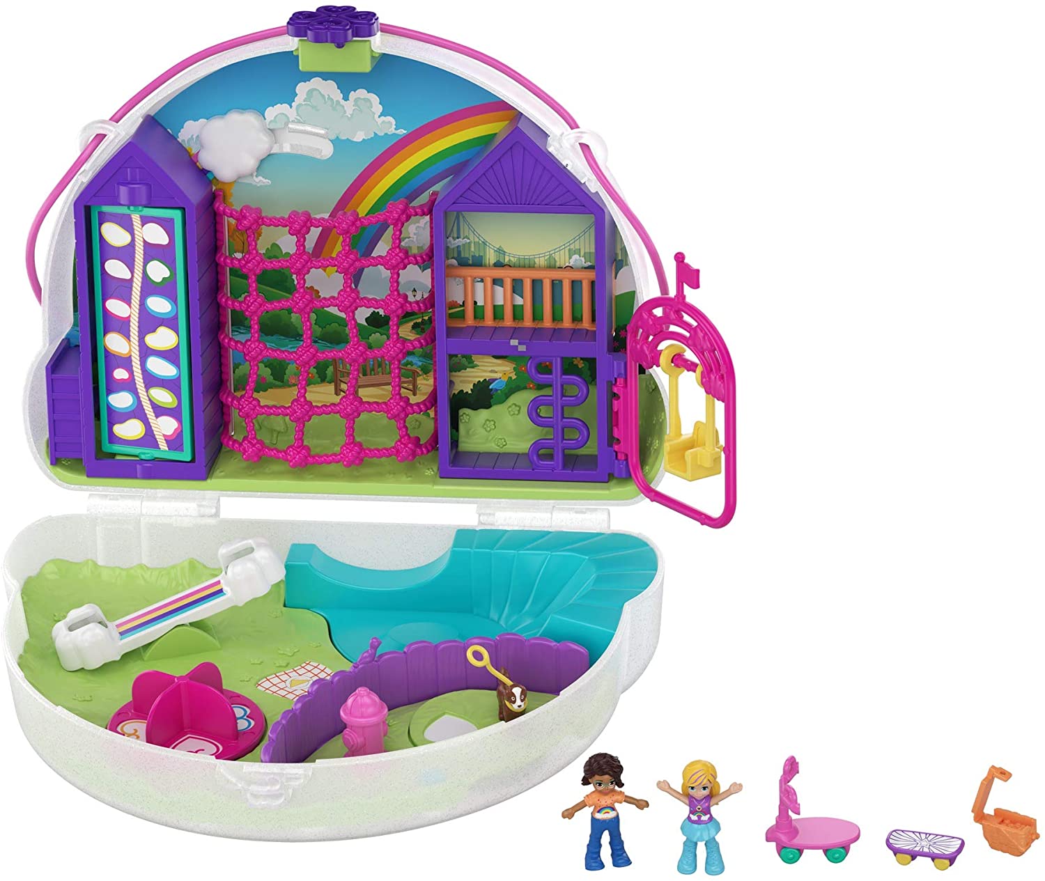 Polly Pocket Rainbow Dream Wearable Purse Compact with 8 Fun Features, Micro Polly and Shani Dolls