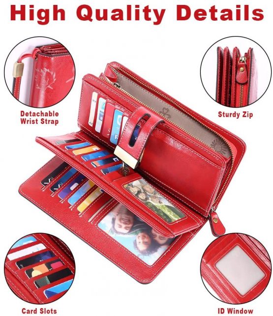 LUROON Ladies Purse RFID Blocking Women Purses Large Capacity Ladies Leather Wallets with 24 Credit Card Slots, Ladies Clutch Long Wallet with Zipper Pocket & Wrist Strap (Red 02) - Image 4