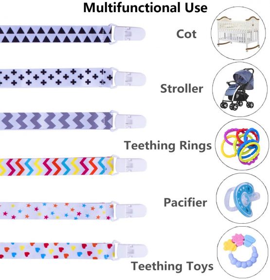 6 Pack Baby Dummy Clip Pacifier Strap Holder, WylbJc Multicoloured Washable Soother Clip Chain with Unique 2-Sided Stylish Design for Unisex Newborn Boys Girls - Image 2