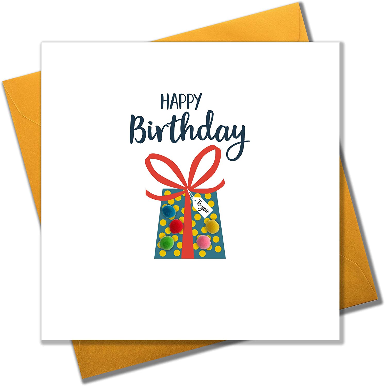 Claire Giles Greeting Cards, Happy Birthday Card, Dotty Present design Greeting Card, Embellished with colourful Pompoms