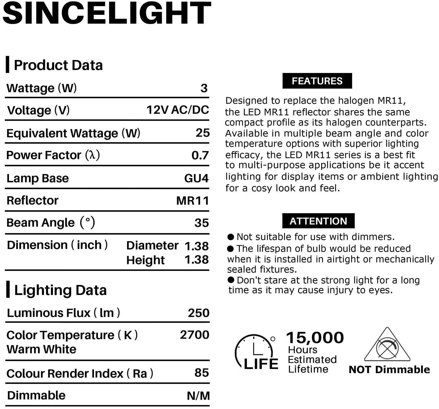 SINCELIGHT MR11 GU4 12V LED Small Spotlight Bulb diameter 35mm Reflector, 3W, 250 Lumens, 25W Halogen Equivalent - Image 3