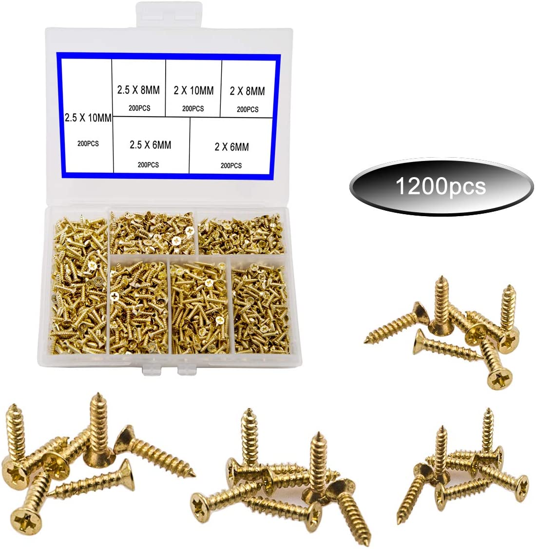 newlng 1200pcs M2 M2.5 Small Screws Phillips Flat Head Cross Wood Screws Self Tapping Screw Dssortment Cabinet Multifunctional DIY Micro Fasteners Screw Set Gold - Image 4