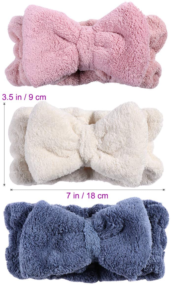 Frcolor Bowknot Hair Bands Elastic Coral Plush Make-up Face Wash Shower Headband for Women Girl 3Pcs (Blue Pink White) - Image 2