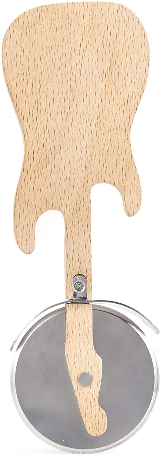 Kikkerland Rockin Pizza Cutter, Stainless Steel Blade, Thumbguard for Safety Beech Wood CU108, Beige - Image 3