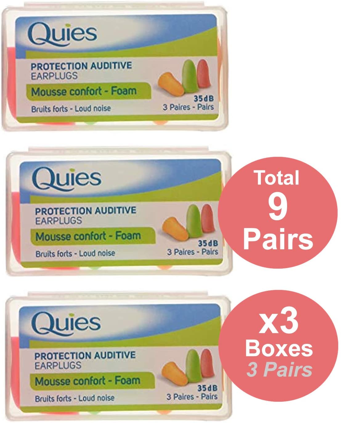 Quies - Protection Auditive en Mousse, 3 x 3 works (Assorted Colours), 2 count (Pack of 9) - Image 2
