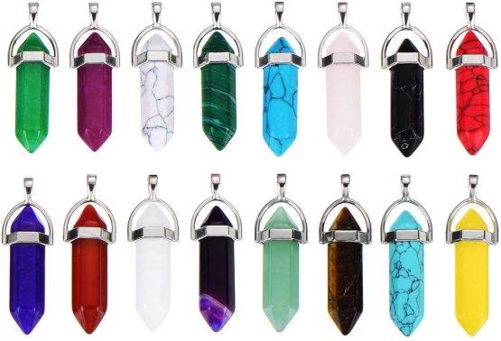 16 Pieces Pointed Quartz Stone Hexagonal Crystal Pendants Bullet Gemstone Pendants with Storage Bag, 16 Colors