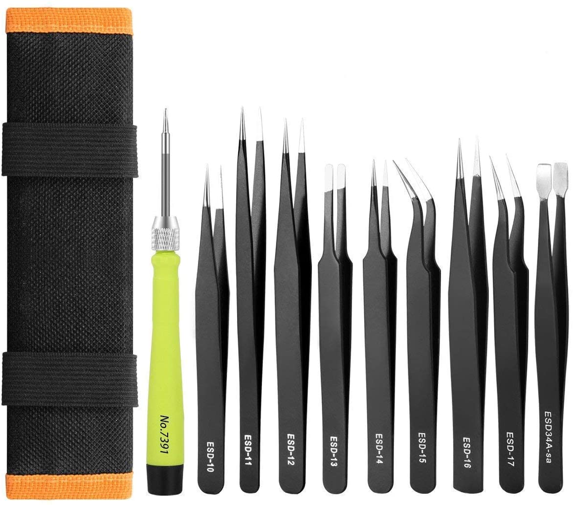 Hafeehoo 10PCS ESD Tweezers Kit, Precision Anti-Static Tweezers Set, Non-Magnetic, Multi-Standard Stainless Steel