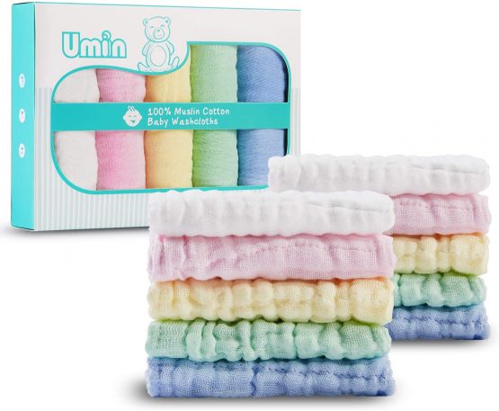 Umiin Baby Washcloths Set of 10, Soft Natural Cotton Muslin Squares Baby Muslin Cloths Baby Wash Cloth, Baby Shower Gift, 30 x 30 cm
