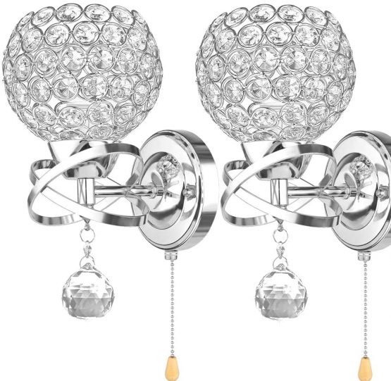 ALLOMN Modern Style Wall Lamp, Crystal Pendant Wall Lamp Bedroom Aisle Living Room Wall Lamp Holder E14 Socket (Bulb Not Included) (with Pull Switch, 2 Pack)