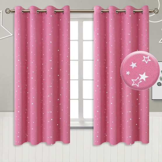BGment Kids Blackout Curtains for Bedroom - Eyelet Thermal Insulated Silver Star Print Room Darkening Curtains for Living Room, 2 Panels (W46 X L54 Inch, Pink)