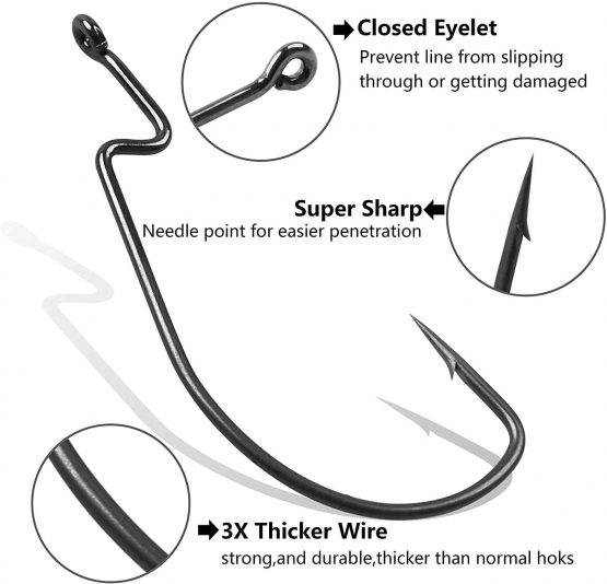 Bass Fishing Worm Hooks Set, 150pcs 3X Strong Offset Bass Hooks for Plastic Worms High Carbon Steel Wide Gap Worm Bait Jig Hooks for Bass Trout - Image 2