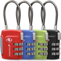 Fosmon TSA Approved Cable Luggage Locks, 3 Digit Combination with Open Alert Indicator, Alloy Body and Release Button for Travel Bag, Suit Case & Luggage (4 Pack) - Black, Green, Red and Blue