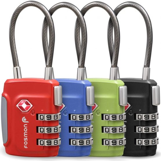 Fosmon TSA Approved Cable Luggage Locks, 3 Digit Combination with Open Alert Indicator, Alloy Body and Release Button for Travel Bag, Suit Case & Luggage (4 Pack) - Black, Green, Red and Blue