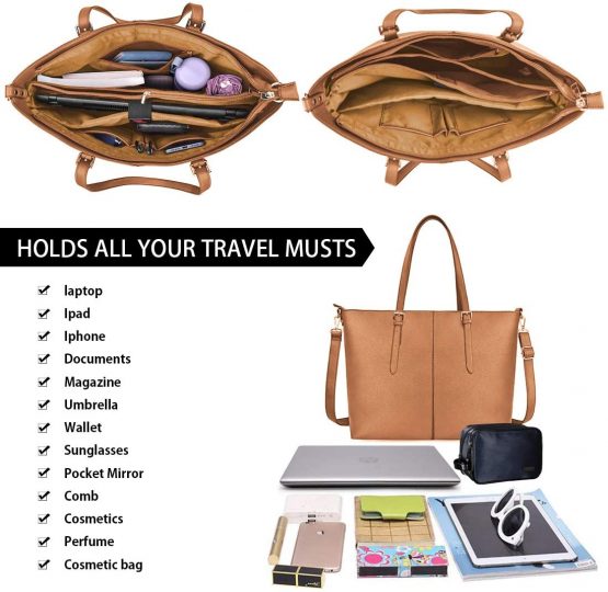 Women Handbag Laptop Tote Bag 15.6 Inch Large Leather Shoulder Bag Designer Lightweight Computer Tote Bag Lady Stylish Handbags for Work Business School College Travel Brown - Image 3