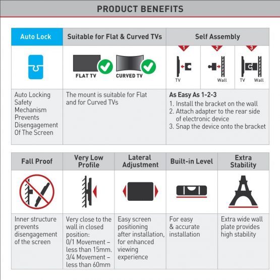 Barkan TV Wall Mount, 19 - 65 inch Fixed Flat / Curved Screen Bracket, Holds up to 110lbs, Auto Lock Patented, Very Low Profile, Fits LED OLED LCD - Image 4