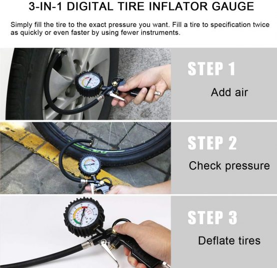URAQT Tyre Pressure Gauge, 220 PSI Tyre Inflator with Pressure Gauge Air Compressor, Valve Air Chuck and 90 Degree Valve Extender for Heavy Duty Car Motorcycle Bicycle - Image 4