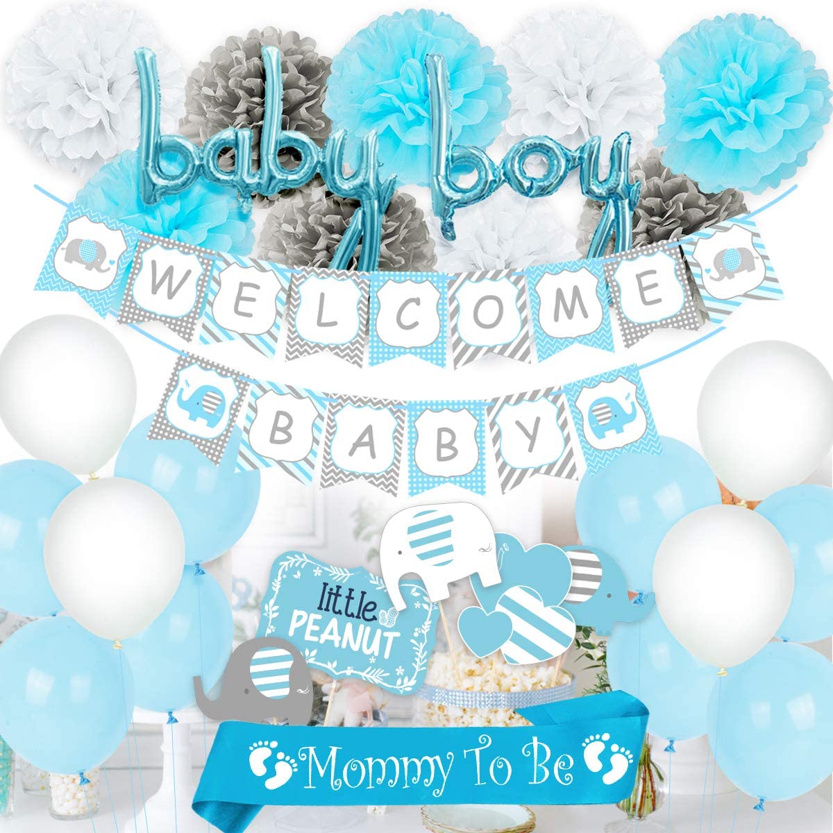 JOYMEMO Elephant Baby Shower Decorations, Welcome Baby Banner Bunting, Foil Letter Balloon Blue, Sash, Elephants Cake Toppers