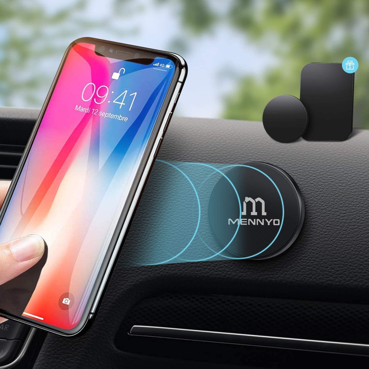 MENNYO Magnetic Phone Holder, Car Magnet Mount with Metal Plate Stick on Dashboard, 1 pack, 4.4cm*4.4cm*1cm