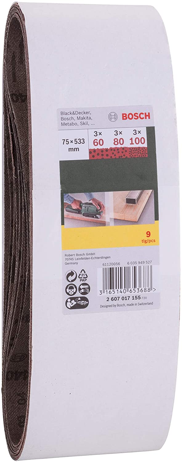 Bosch 9 pcs. Mixed Sanding Belt Set (for Wood Grit 60/80/100, 75 x 533 mm, Accessories for Belt Sanders), Silver - Image 2
