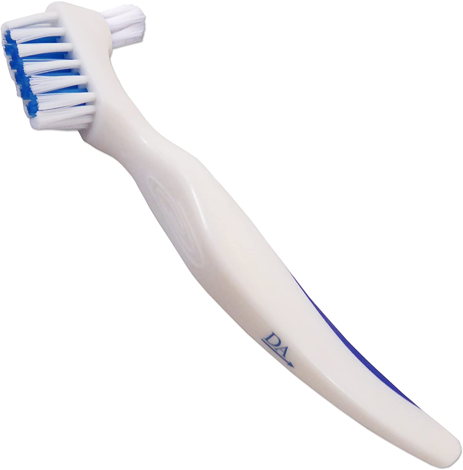 White Denture Brush ~ Easy Grip Handle, Double Bristle Head, Blue & White