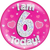6" Jumbo Badge I am 6 Today Pink Holographic Dot