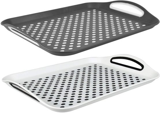 Invero® Set of 2X Anti-Slip Top and Bottom Plastic Serving Tray with High Grip Rubber Surface, Non-Slip Padded Base and Easy Grip Handles Ideal for All Homes