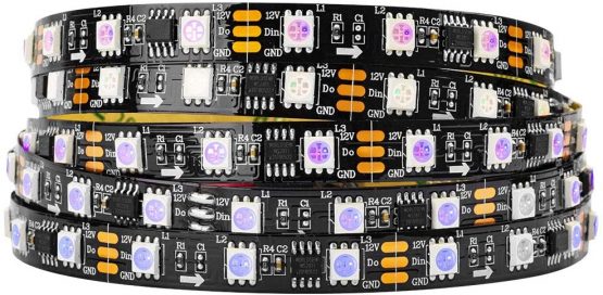 BTF-LIGHTING WS2811 IC Addressable Dream Color LED Strip 16.4FT 60LEDs/m 20Pixels/m 300LEDs 100pixels IP30 Non-Waterproof Black PCB Flexible DC12V Chasing Effect for Bedroom Desk Home Decoration
