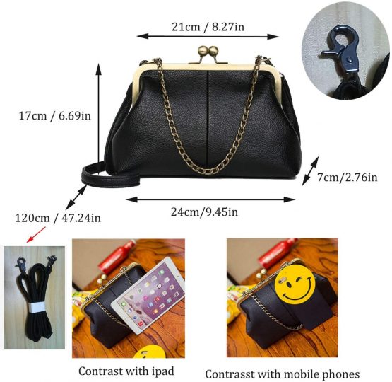 Puyang Women Mini Retro Kiss Lock Pu Leather Chains Handbag Purse (Black) - Image 3
