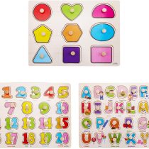 DesignerBox Set of 3 Toddler Puzzles Wooden Peg Puzzles for Toddlers Kids - Numbers, Alphabet and Objects Sorter Sorting Puzzle Educational Knob Puzzles Playset Toy (Style 2)