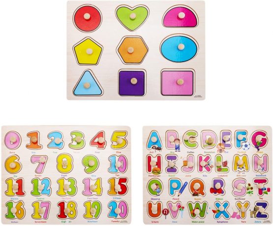 DesignerBox Set of 3 Toddler Puzzles Wooden Peg Puzzles for Toddlers Kids - Numbers, Alphabet and Objects Sorter Sorting Puzzle Educational Knob Puzzles Playset Toy (Style 2)