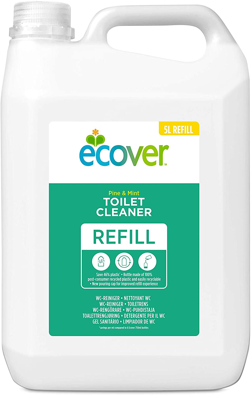 Ecover Toilet Cleaner Refill, Removes Limescale Leaving a Sparkling Clean, Fresh Pine & Mint Scent, 1 x 5L