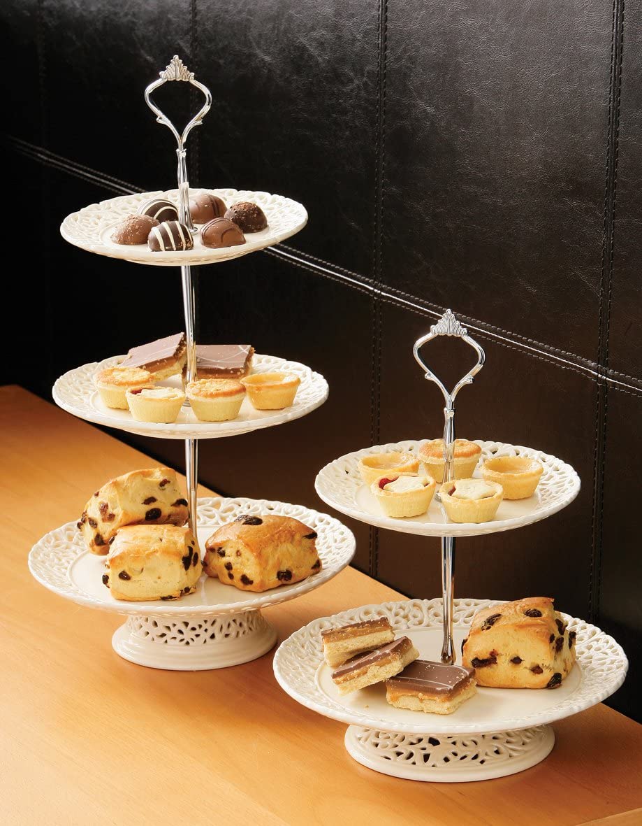 Premier Housewares 3 Tier Lace Cake Stand for Afternoon Tea - Cream, White, 14 cm - Image 3
