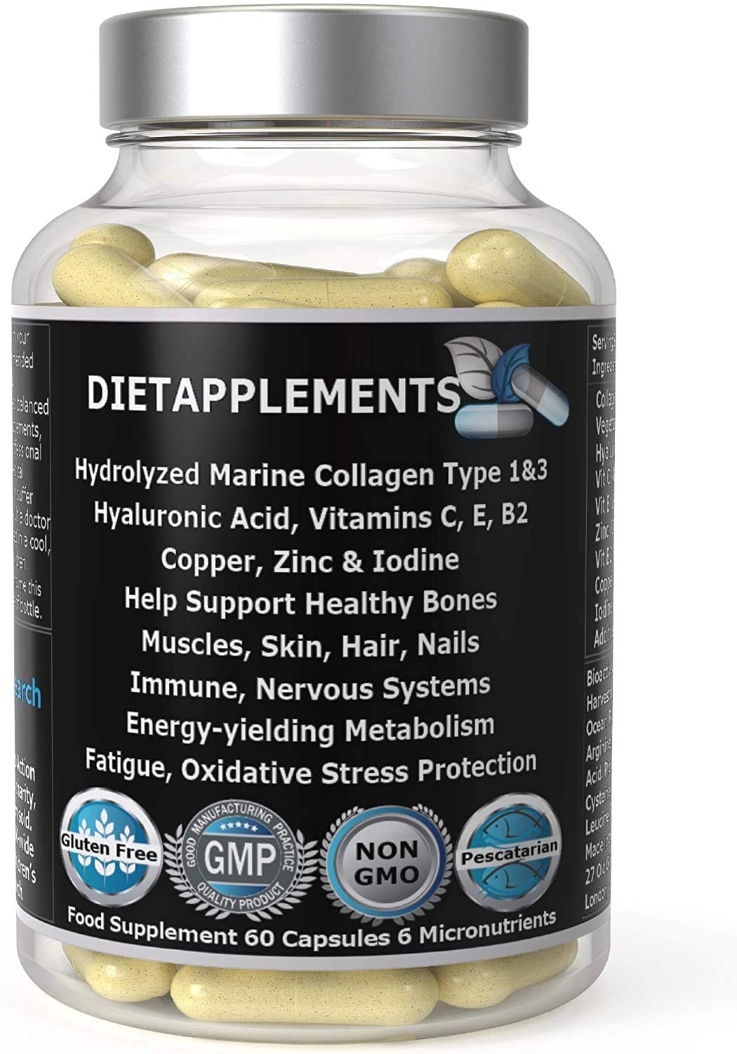 Advanced Skin, Hair, Nails, Bones Complex. Marine Collagen from Wild Fish 1000mg, Hyaluronic Acid 200mg; Vitamin C, Zinc