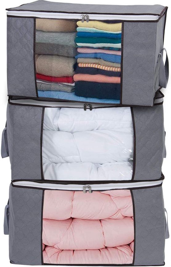 Yopih 90L Clothes Storage Bags Large Capacity Clothing Organizers with Reinforced Handles and Clear Window Three-ply Thick Breathable Fabric Containers for Bedding Comforters Blankets Sheet