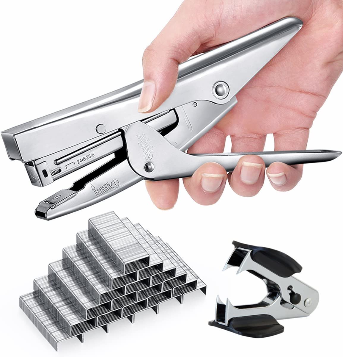 Stapler Plier Stapler with 1000 Staples and Remover Set 20 Sheets Capacity Full Desktop Office Size Work, Silver
