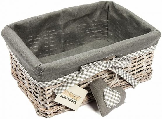 Woodluv Grey Wicker Rectangular Storage Gift Hamper Basket with Removable Lining - Small