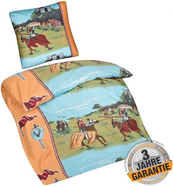 Aminata kids Knight bed linen 135 x 200 cm + 80 x 80 cm made of cotton with zip, our children's bed linen with knight's castle motif is soft and cuddly