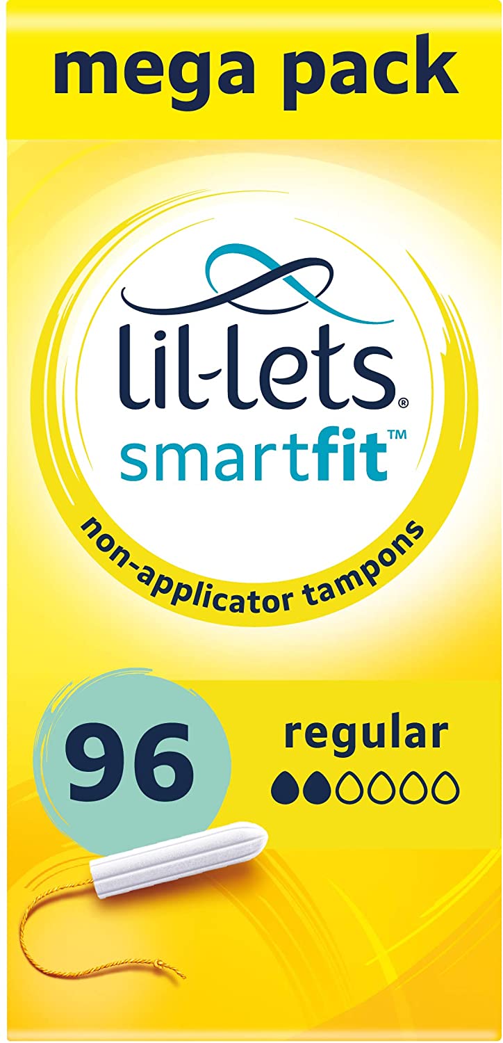 Lil-Lets Non-Applicator Regular Tampons X 96, (6 Packs of 16 Tampons), for Light to Medium Flow 2 Droplets, Plant-Based