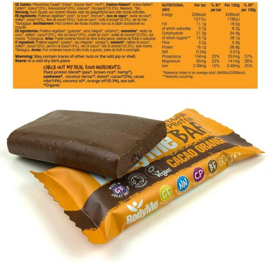 BodyMe Organic Vegan Protein Bar | Raw Cacao Orange | 12 x 60g Vegan Protein Snack Bars | Gluten Free | 16g Complete Protein | 3 Plant Proteins All Essential Amino Acids | High Protein Vegan Snacks - Image 3