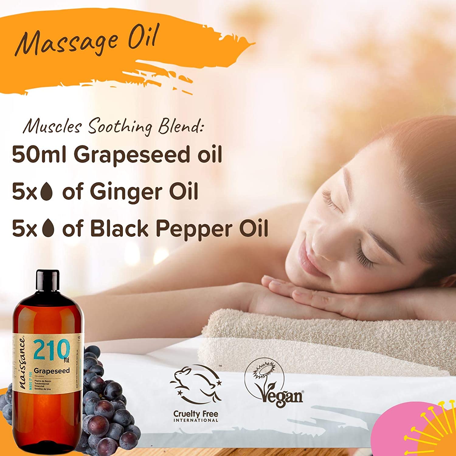 Naissance Grapeseed Oil (No. 210) 900ml, Natural Moisturiser and Conditioner, Ideal for Hair Skin, Massage, Face - Image 2