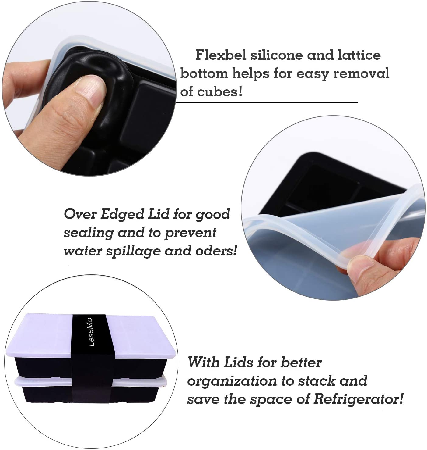 LessMo Ice Cube Tray, 2 Pack XXL Silicone Large 2 Inch Ice Cube Molds with Lids, for Whiskey Cocktails & Wine (Black) - Image 4