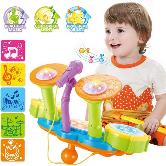 deAO Beginners Musical Table Top Drum Kit Play Set with Drum Sticks, Microphone, Light Features, Interactive Music and Sounds for Babies Kids and Toddlers