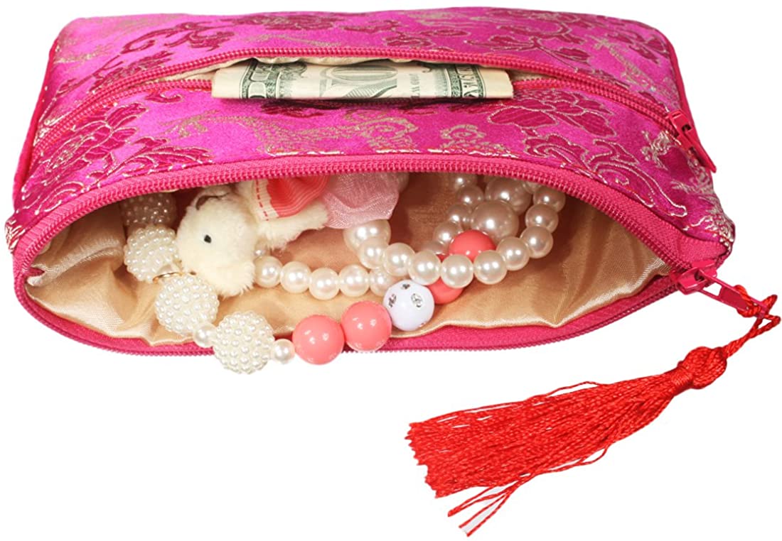 kilofly Chinese Silk Brocade 2 Zipper Pockets Tassel Jewelry Pouch Bag, Set of 2, Set2 C, 17,78 cm (7 Zoll) - Image 2